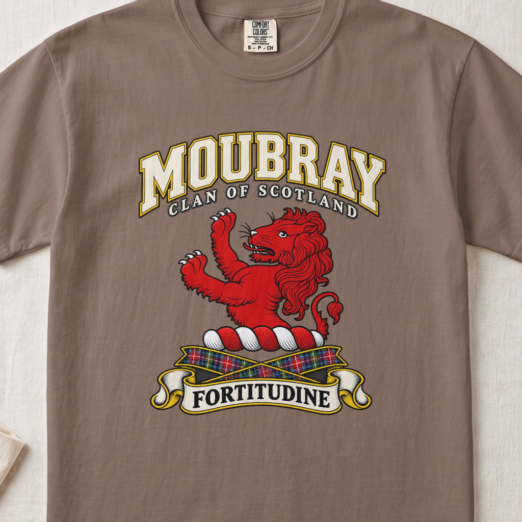 Moubray Scottish clan T-shirt in Espresso, front view with a red lion with raised forelegs and motto design.