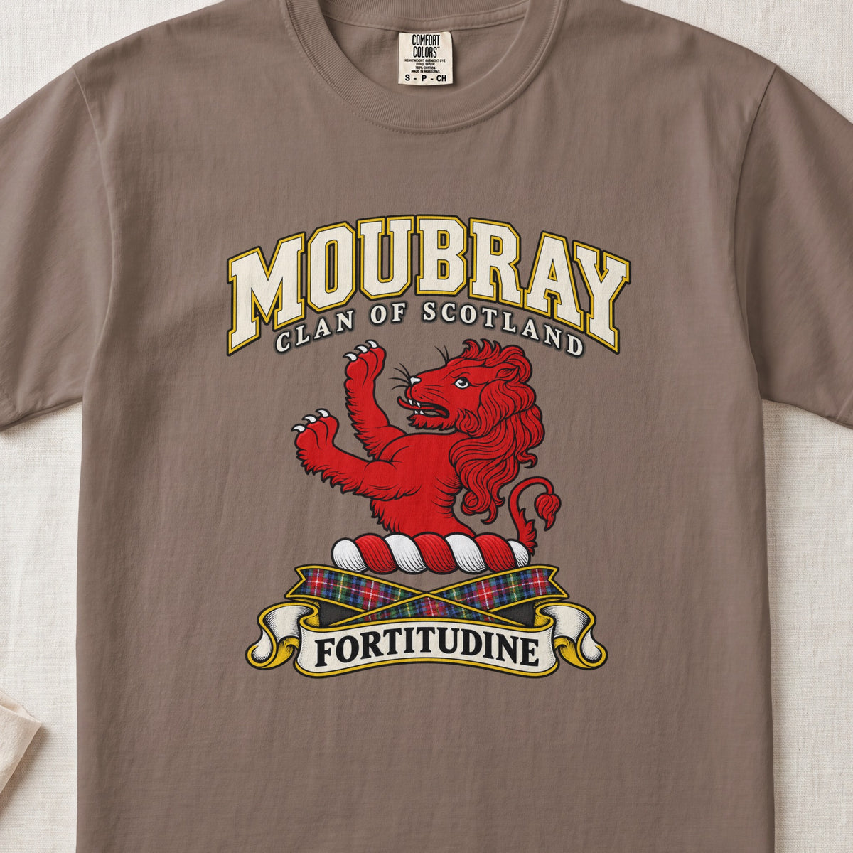 Moubray Scottish clan T-shirt in Espresso, front view with a red lion with raised forelegs and motto design.