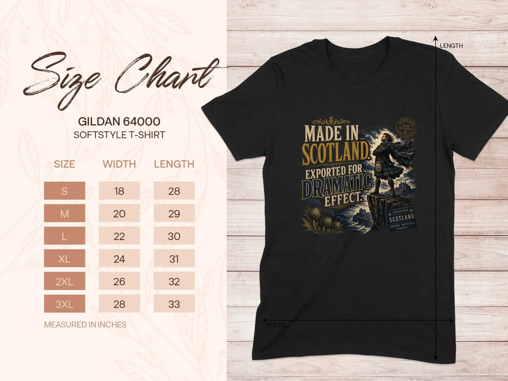 Gildan 64000 softstyle t-shirt size chart and t-shirt with "Made in Scotland" graphic.