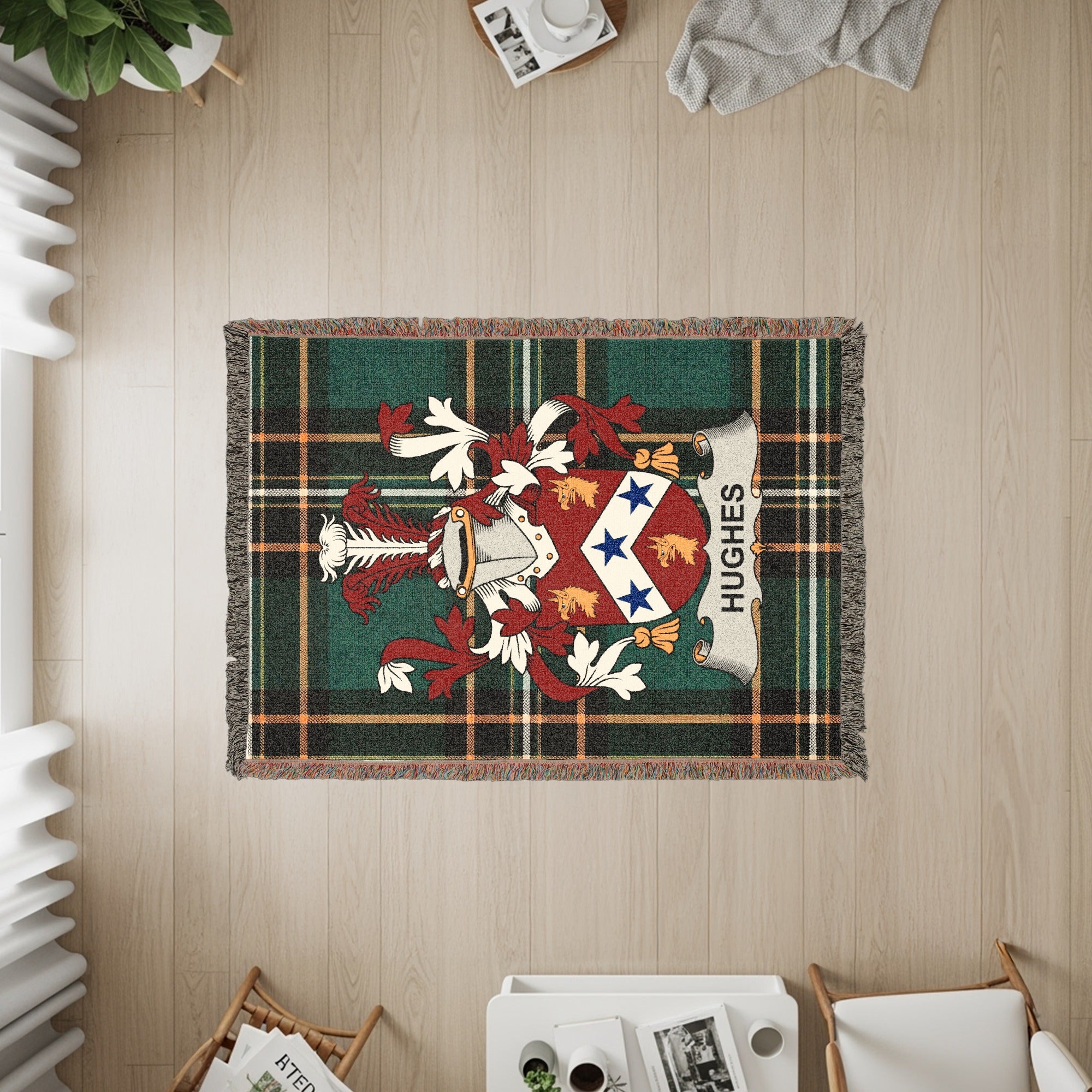 Hughes Irish ancestry gift blanket with surname crest design