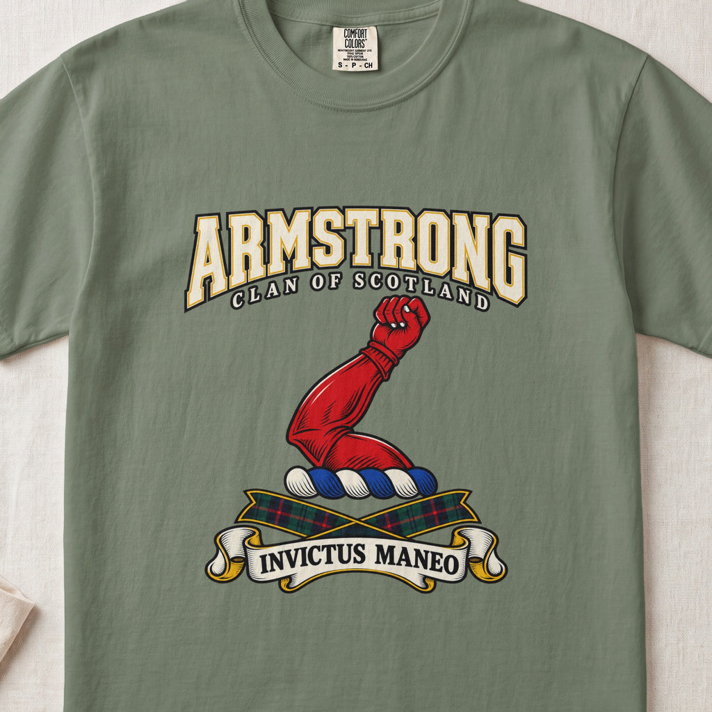 Armstrong Scottish clan graphic T-shirt in Moss, front view