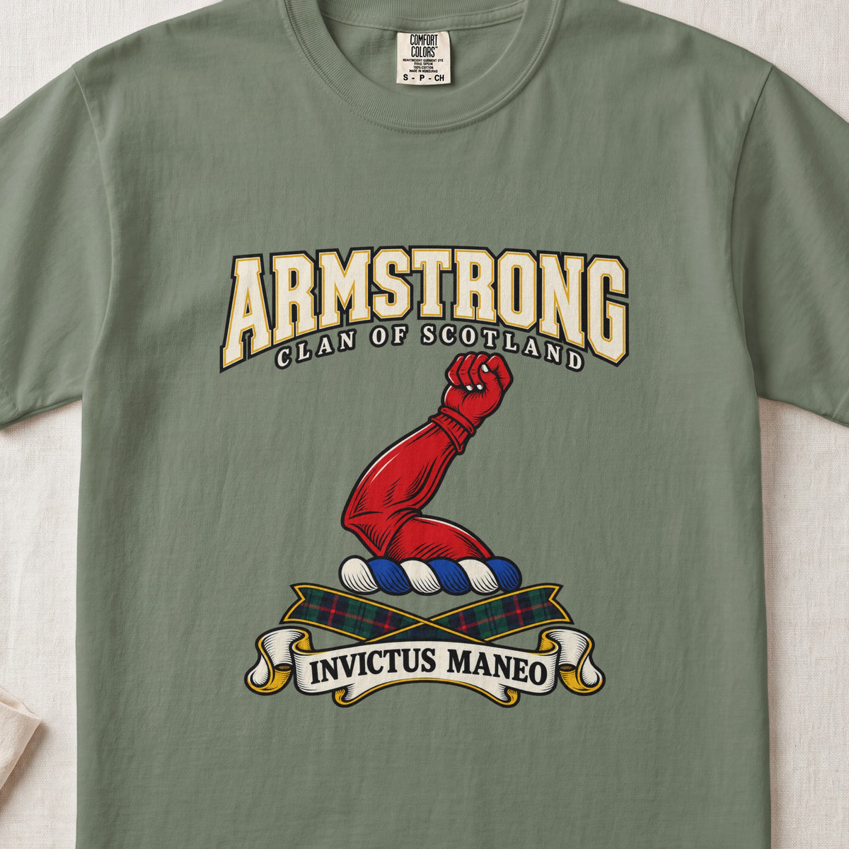 Armstrong Scottish clan graphic T-shirt in Moss, front view