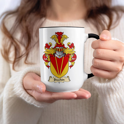 White mug with black rim featuring the Brechin coat of arms.