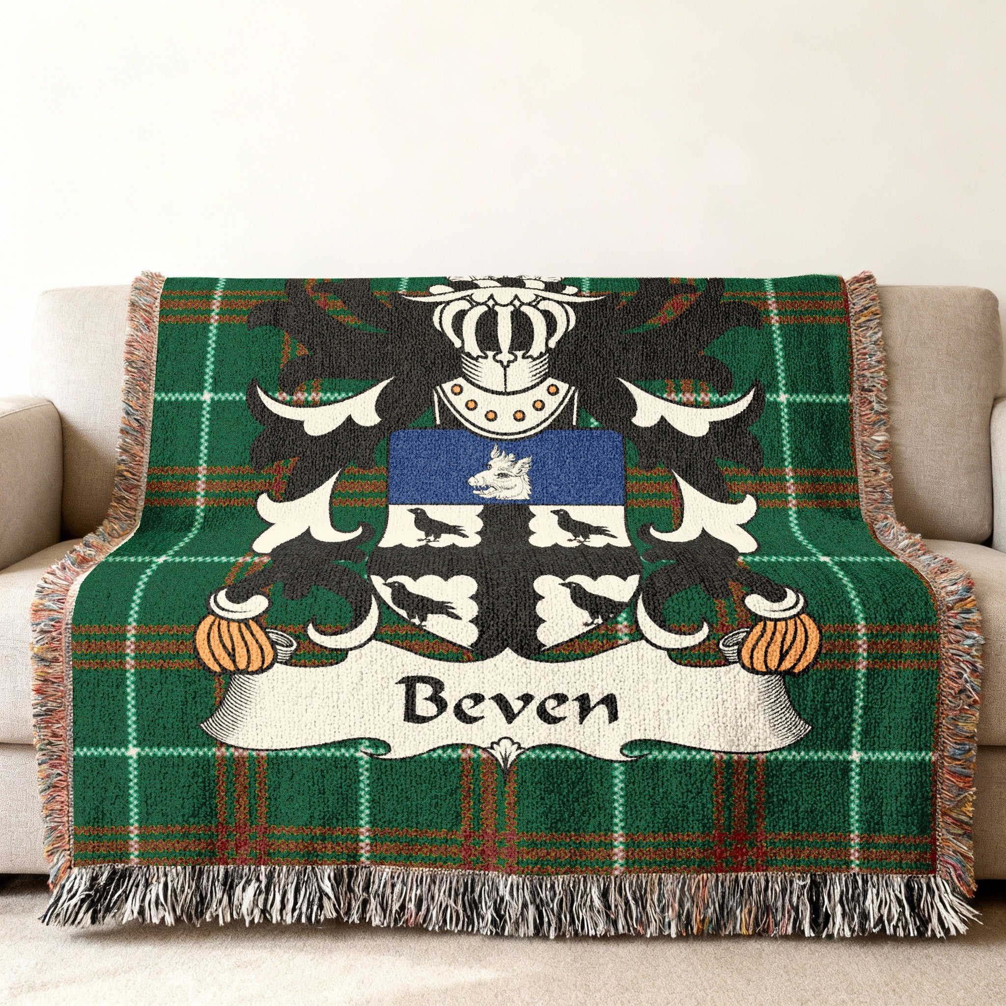 Green tartan blanket featuring the Beven family crest.