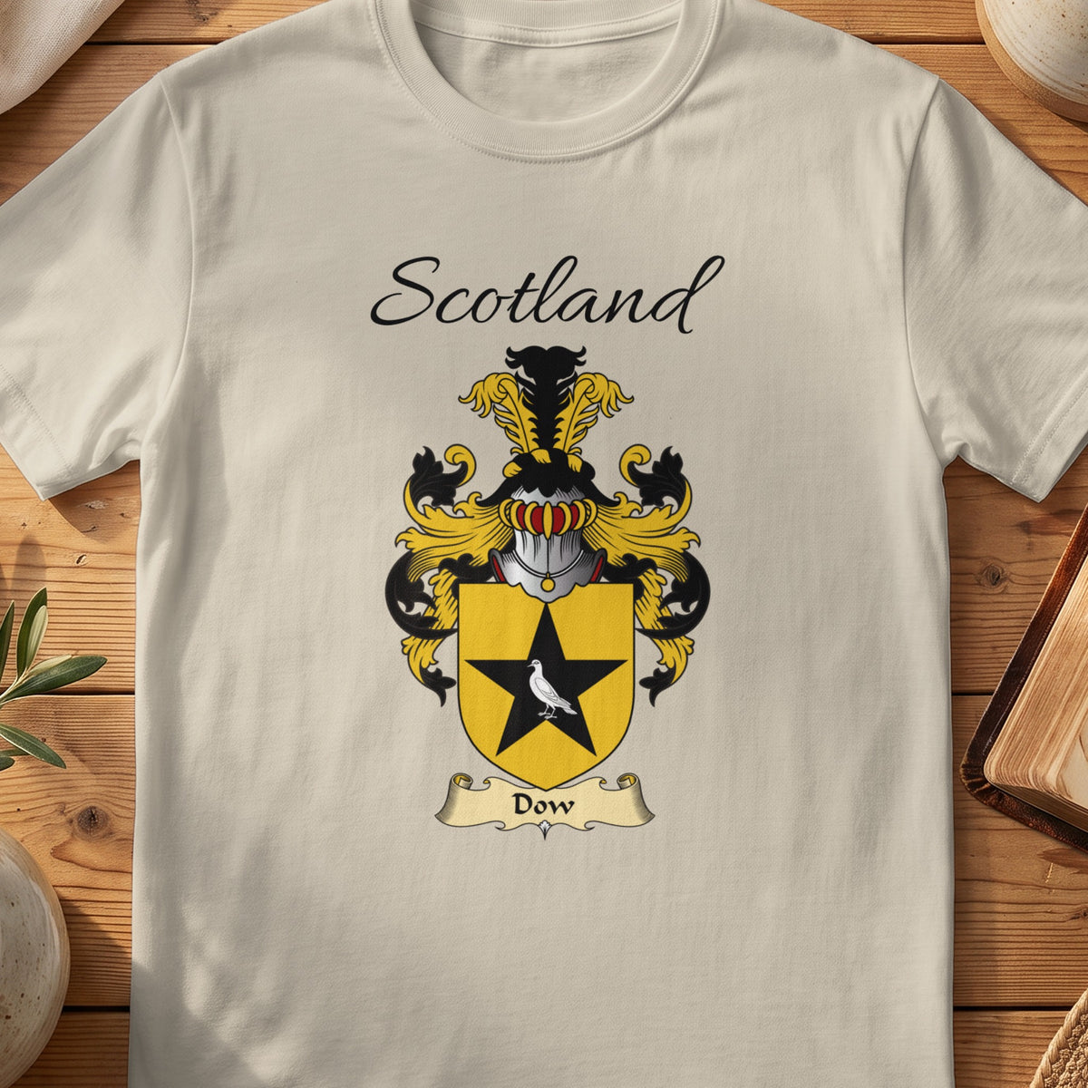 Sand Dow Scottish family shield T-shirt featuring a black star on a gold shield