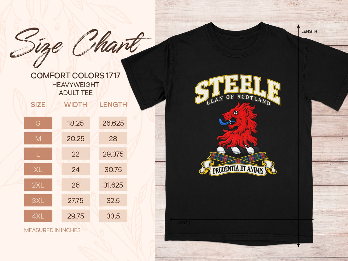 Comfort Colors 1717 size chart for the Steele Scottish clan T-shirt, adult sizes S–4XL.