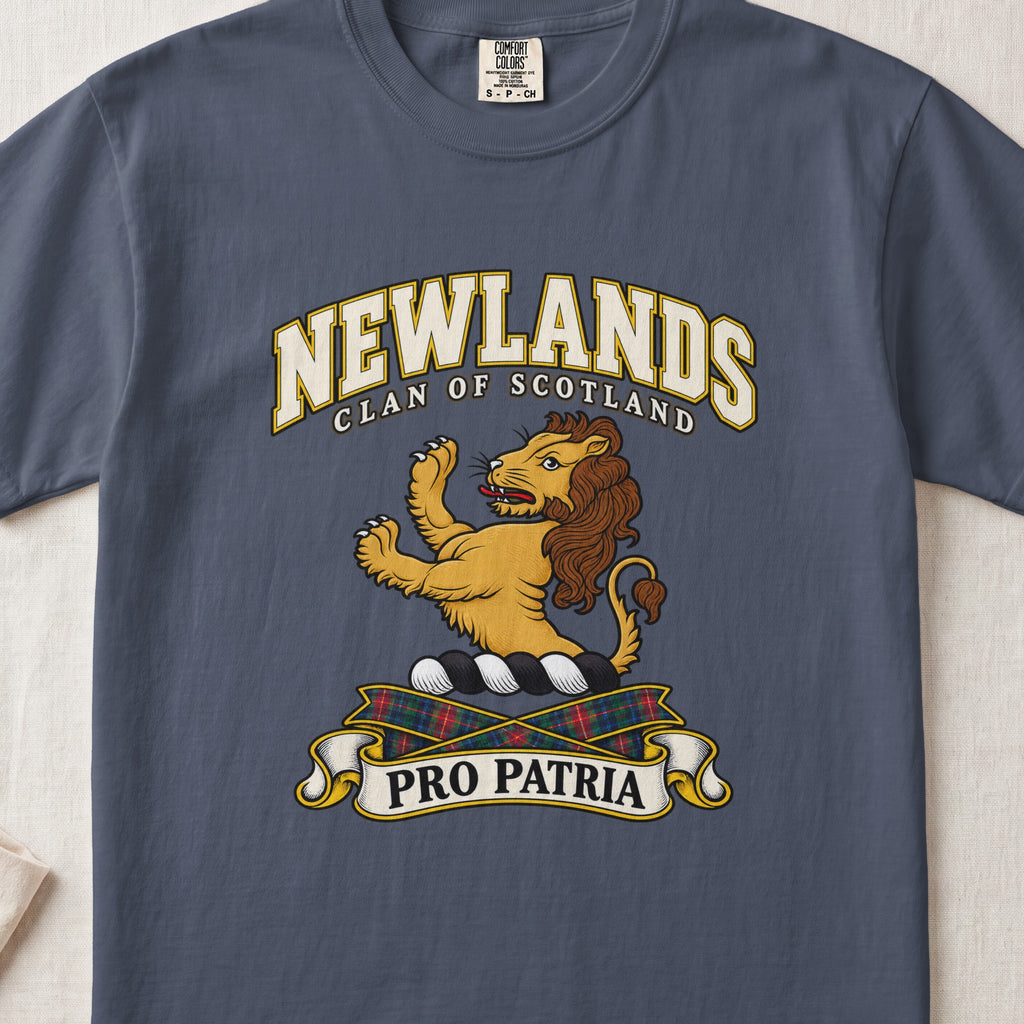 Newlands Scottish clan T-shirt in Midnight, front view with a golden lion standing upright and motto design.