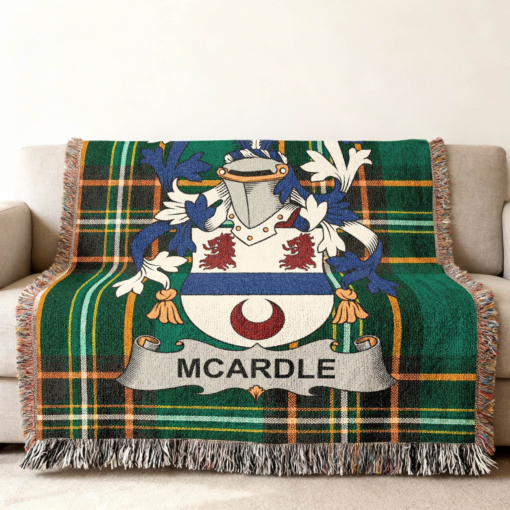 Green plaid throw blanket featuring the McArdle family crest.