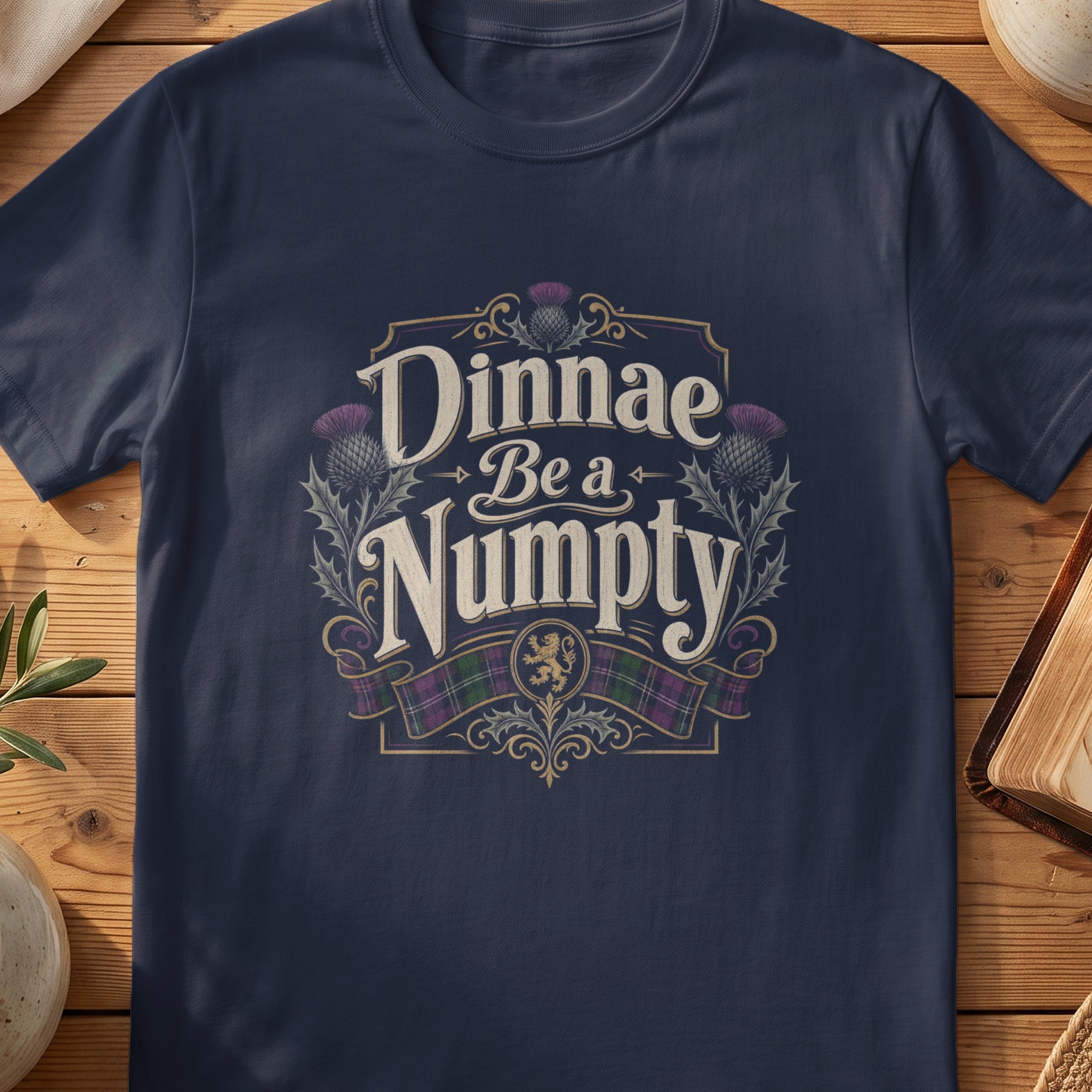 Navy Gildan 64000 unisex T-shirt flatlay with Dinnae Be a Numpty Scottish graphic design