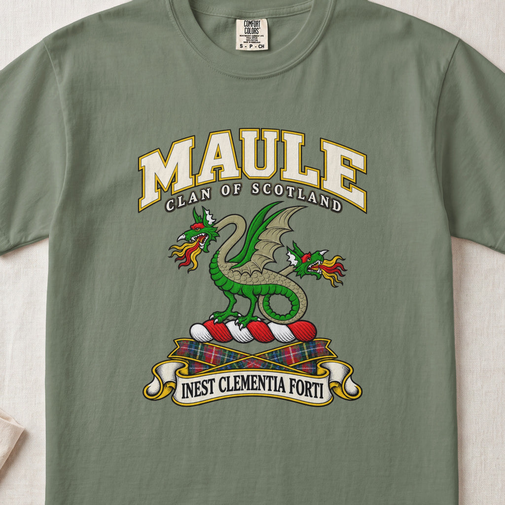 Maule Scottish clan T-shirt in Moss, front view with a green two-headed winged dragon and motto design.
