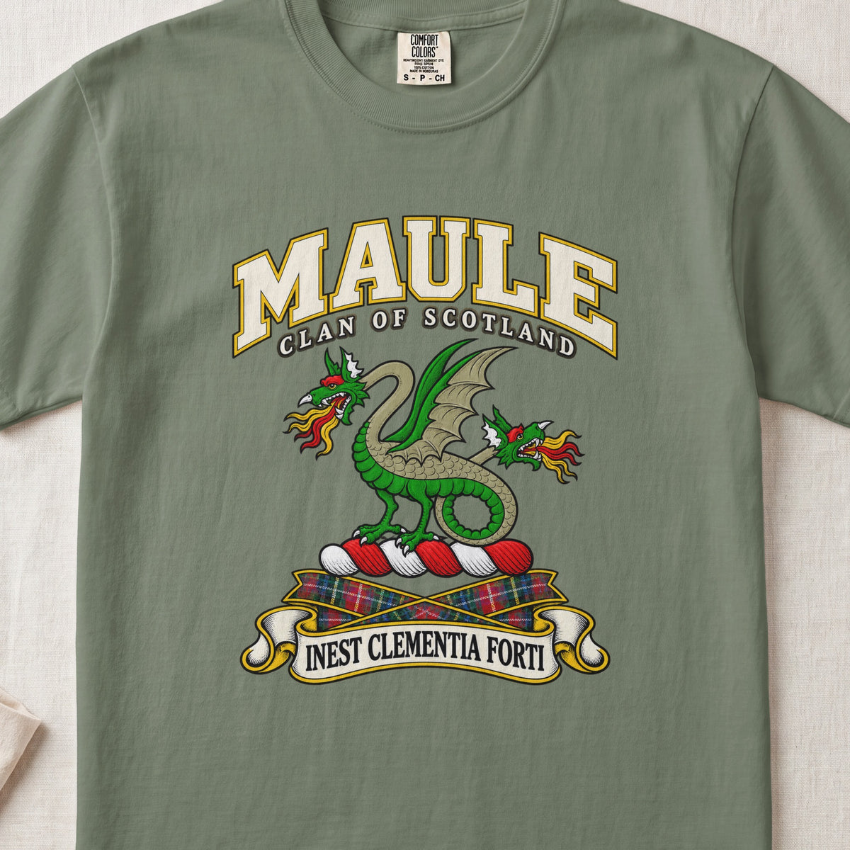 Maule Scottish clan T-shirt in Moss, front view with a green two-headed winged dragon and motto design.