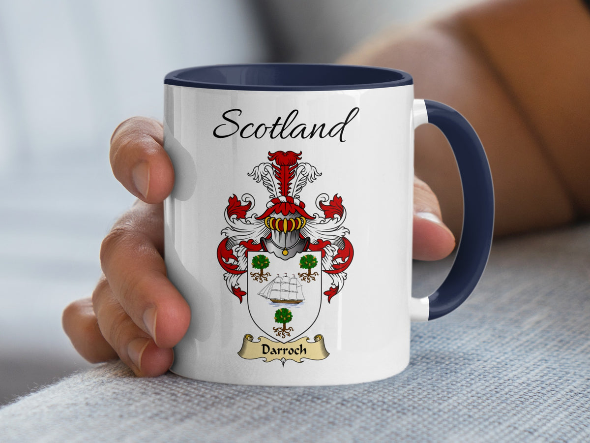 White Darroch Scottish mug with navy handle and interior, showing the family emblem and Scotland text