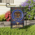 Allen clan crest with Fortiter motto on tartan garden flag — close-up