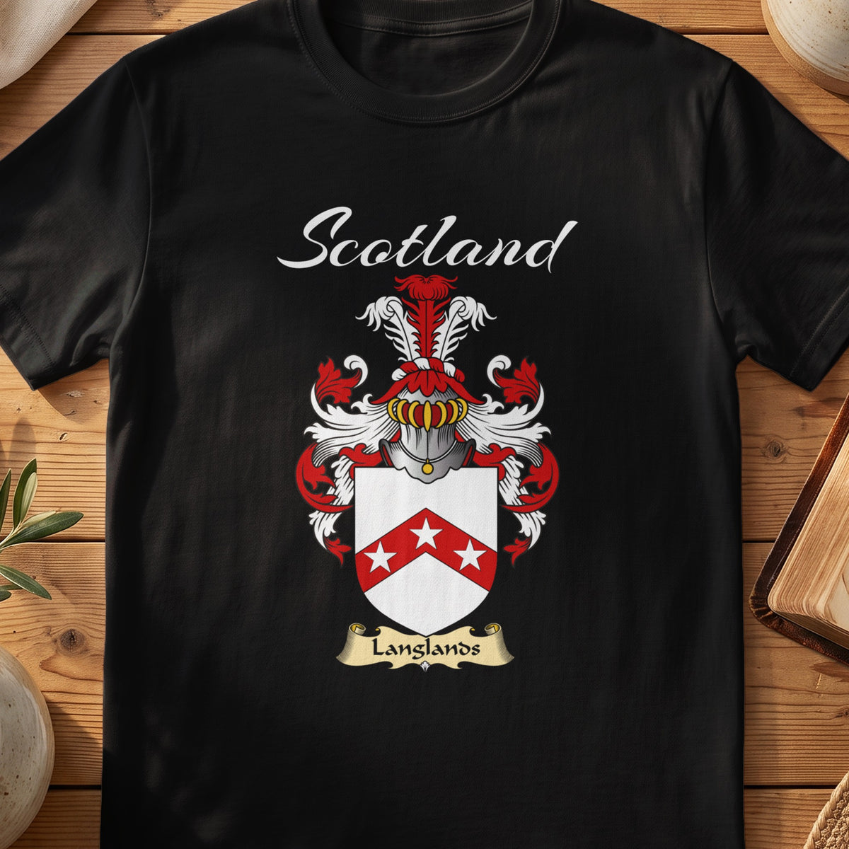 Black Langlands Scottish T-shirt featuring a red chevron carrying white stars