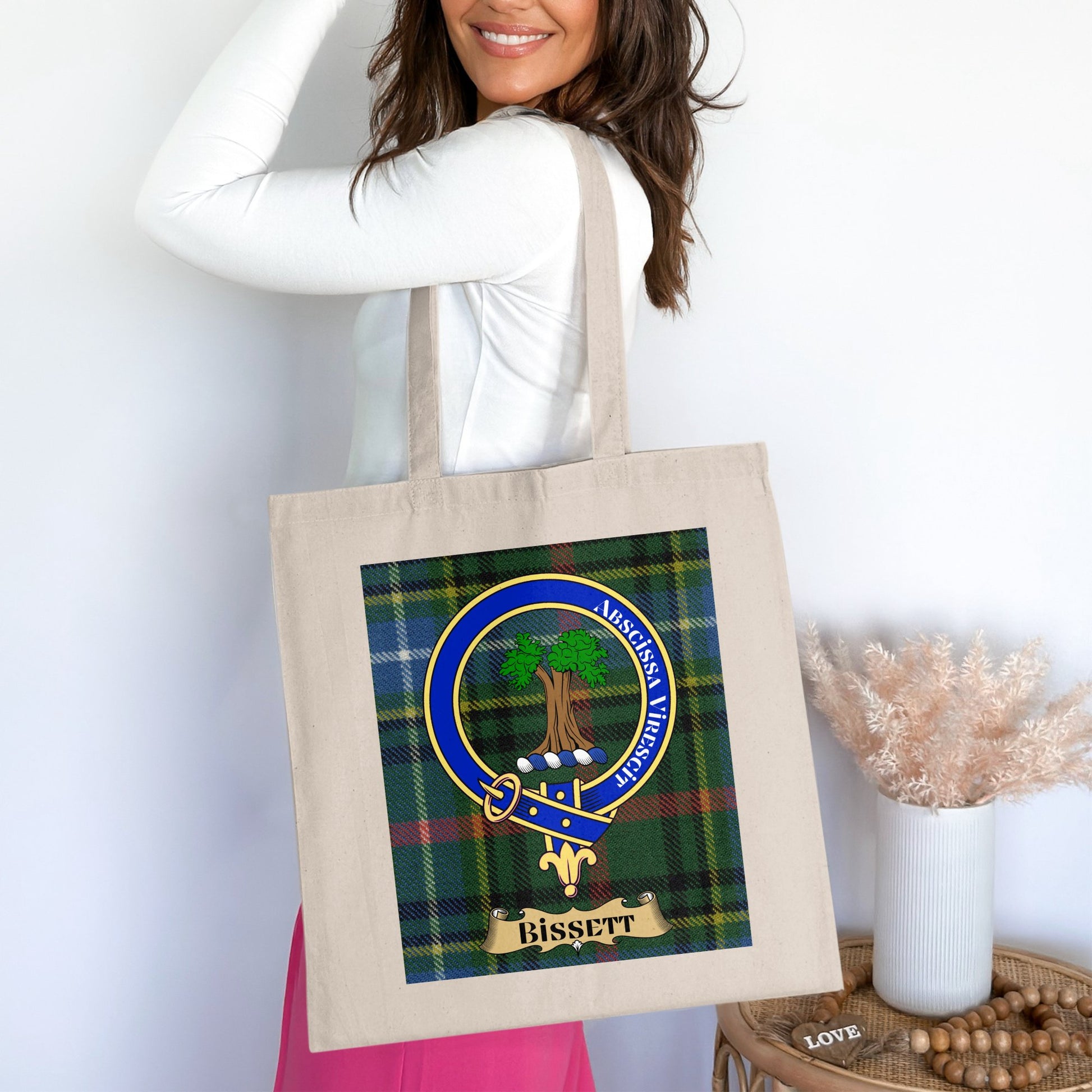 Bissett Clan Crest on Scottish Tartan Background Tote Bag - Living Stone Gifts