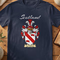 Navy Levingston family shield T-shirt featuring a red diagonal band between red animal heads
