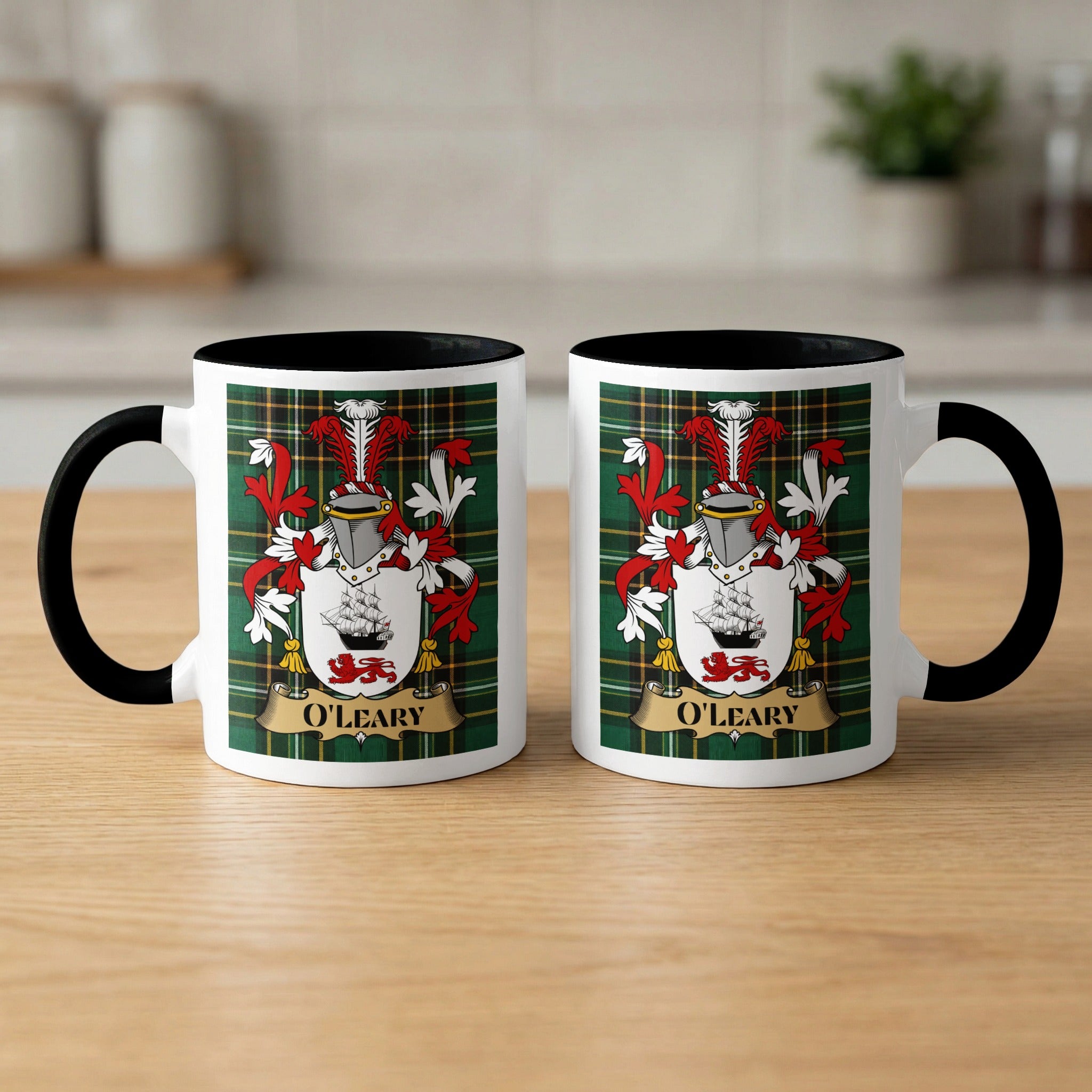 O'Leary Irish surname mugs front and back — family crest on green tartan