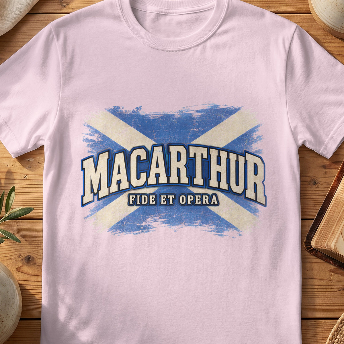 MacArthur Scottish Saltire T-shirt in Light Pink, with distressed blue and cream flag and “Fide et Opera” lettering.