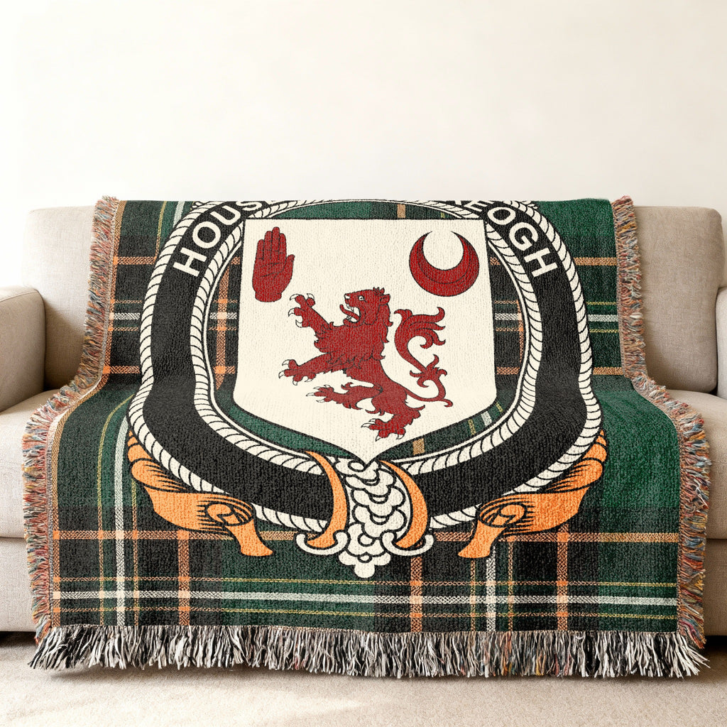 MacKeogh Irish National Tartan woven blanket displayed on a sofa