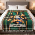 Wright family crest on a tartan plaid woven throw blanket.