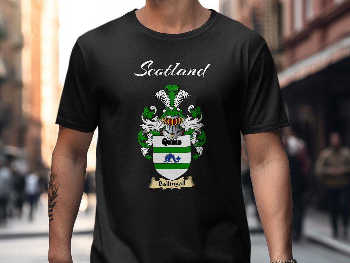 Ballingall Scottish family shield design on Black T-shirt