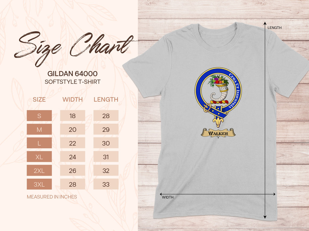 Gildan 64000 size chart for Walker Scottish clan crest T-shirt
