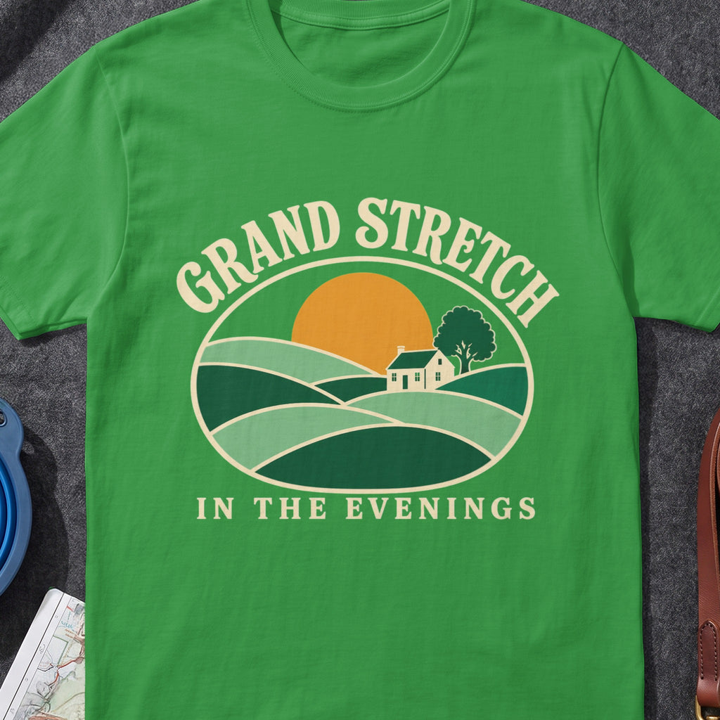 Grand Stretch In The Evenings funny Irish T-shirt in Irish Green, flat-lay mockup
