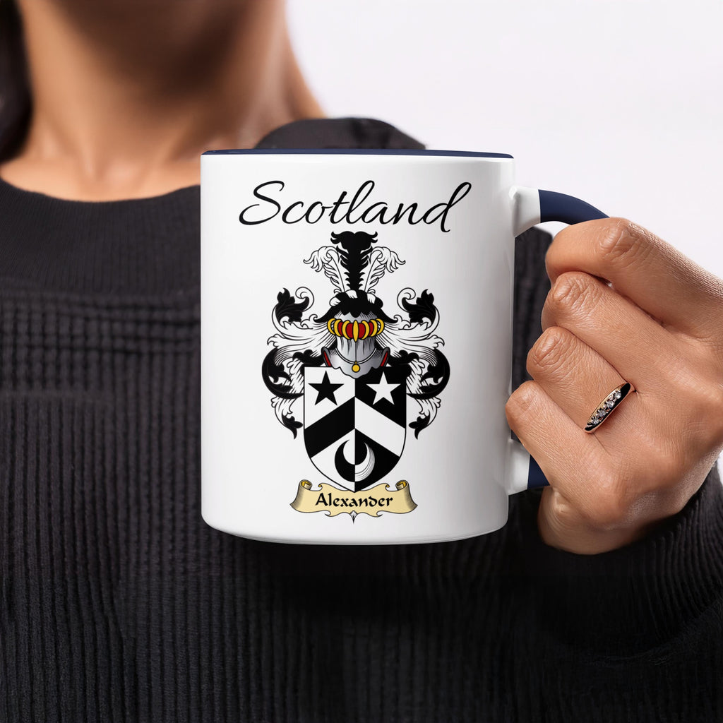 Red-accent Alexander Scottish family crest mugs with Scotland above the heraldic shield