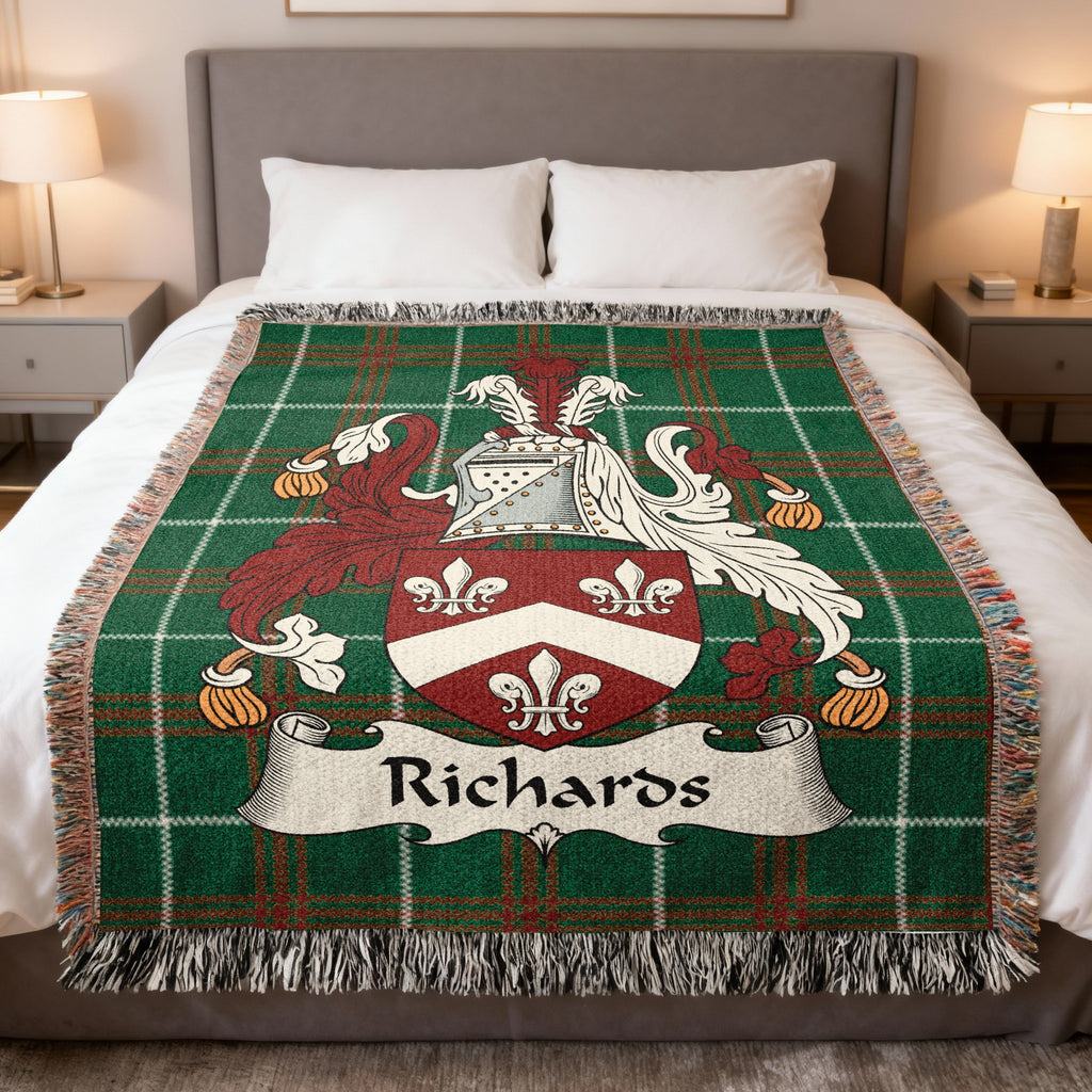 Richards Welsh crest woven blanket on Welsh national tartan