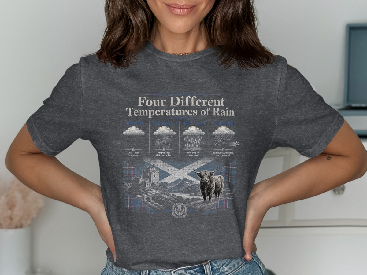 T-shirt graphic: Four Different Temperatures of Rain with Scottish landscape and Highland cow.