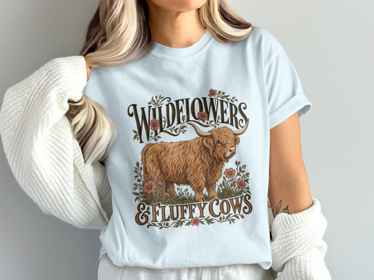 Model wearing the Wildflowers & Fluffy Cows Highland cow Comfort Colors T-shirt in Chambray