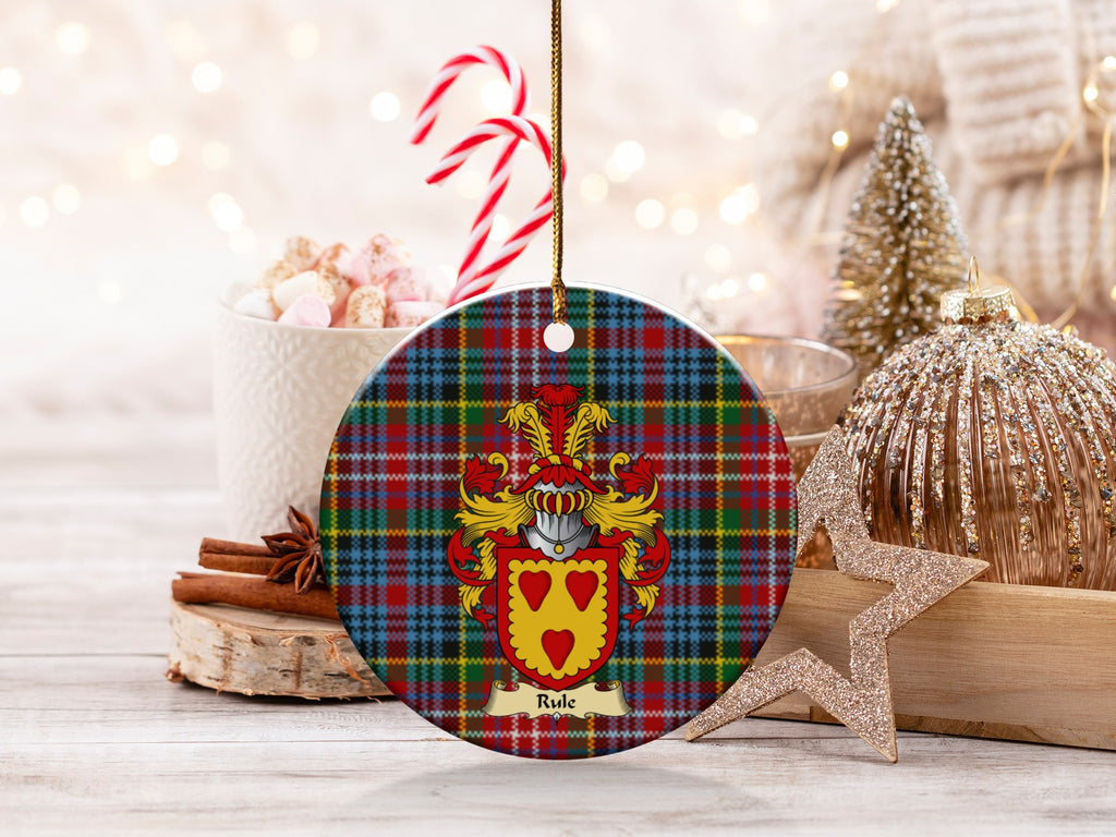 Double-sided Rule ceramic ornament with family shield and Caledonia tartan background