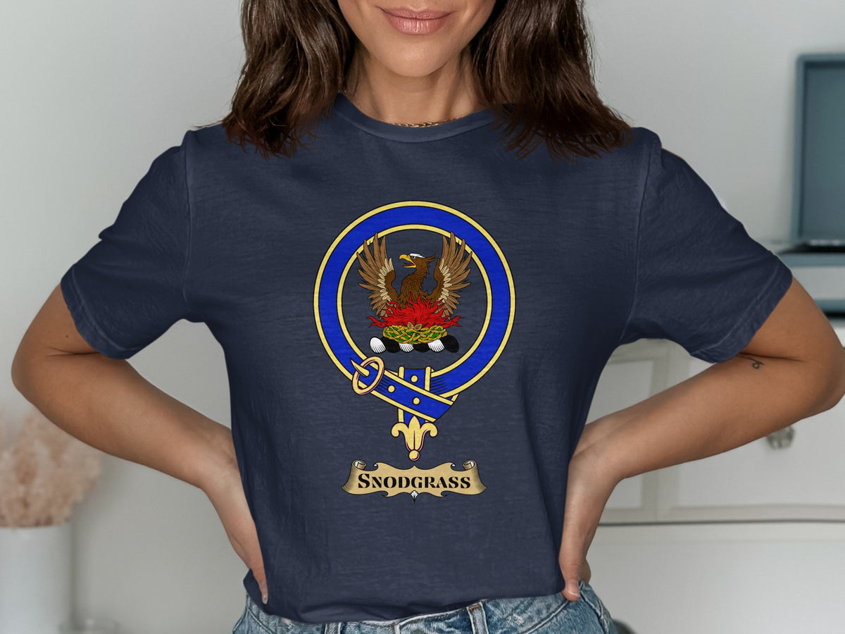 Snodgrass Scottish clan crest design on Navy T-shirt