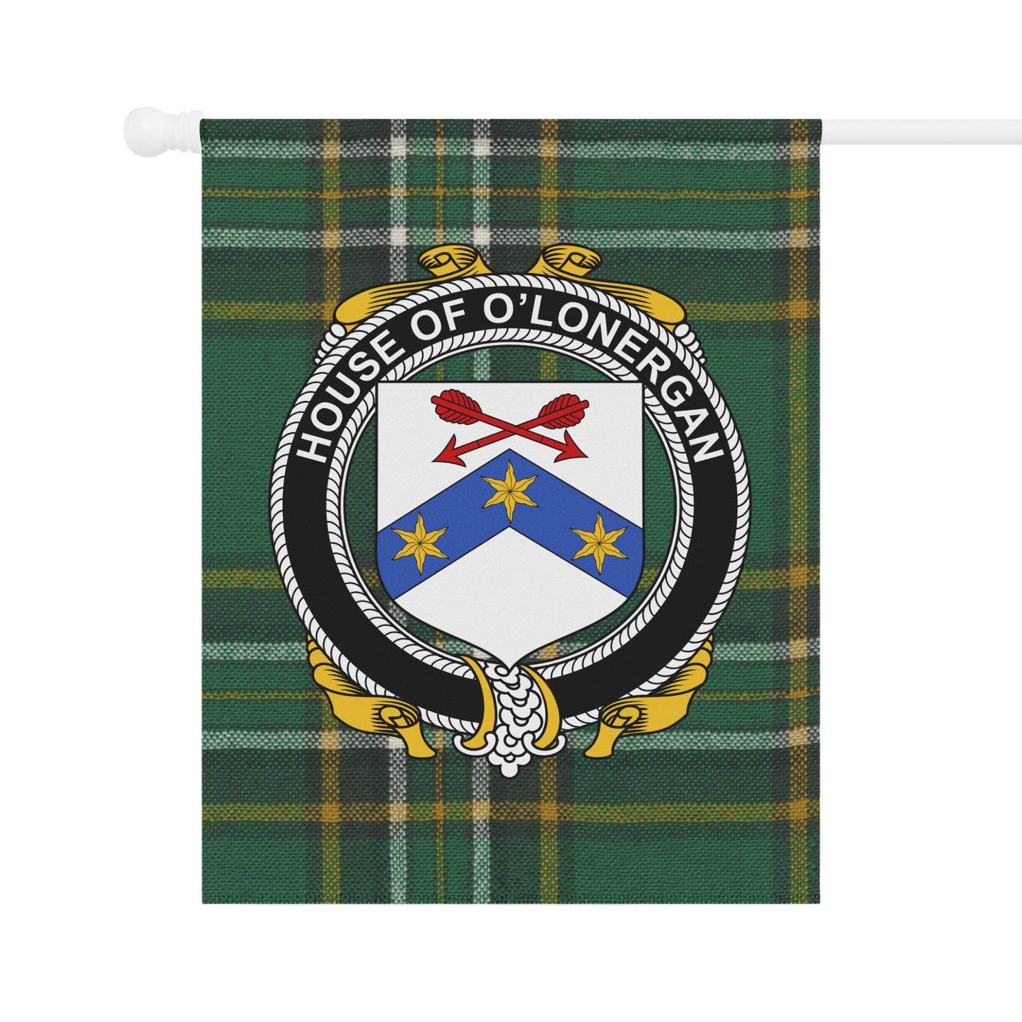 House of O'Lonerigan Crest on Plaid Background Flag