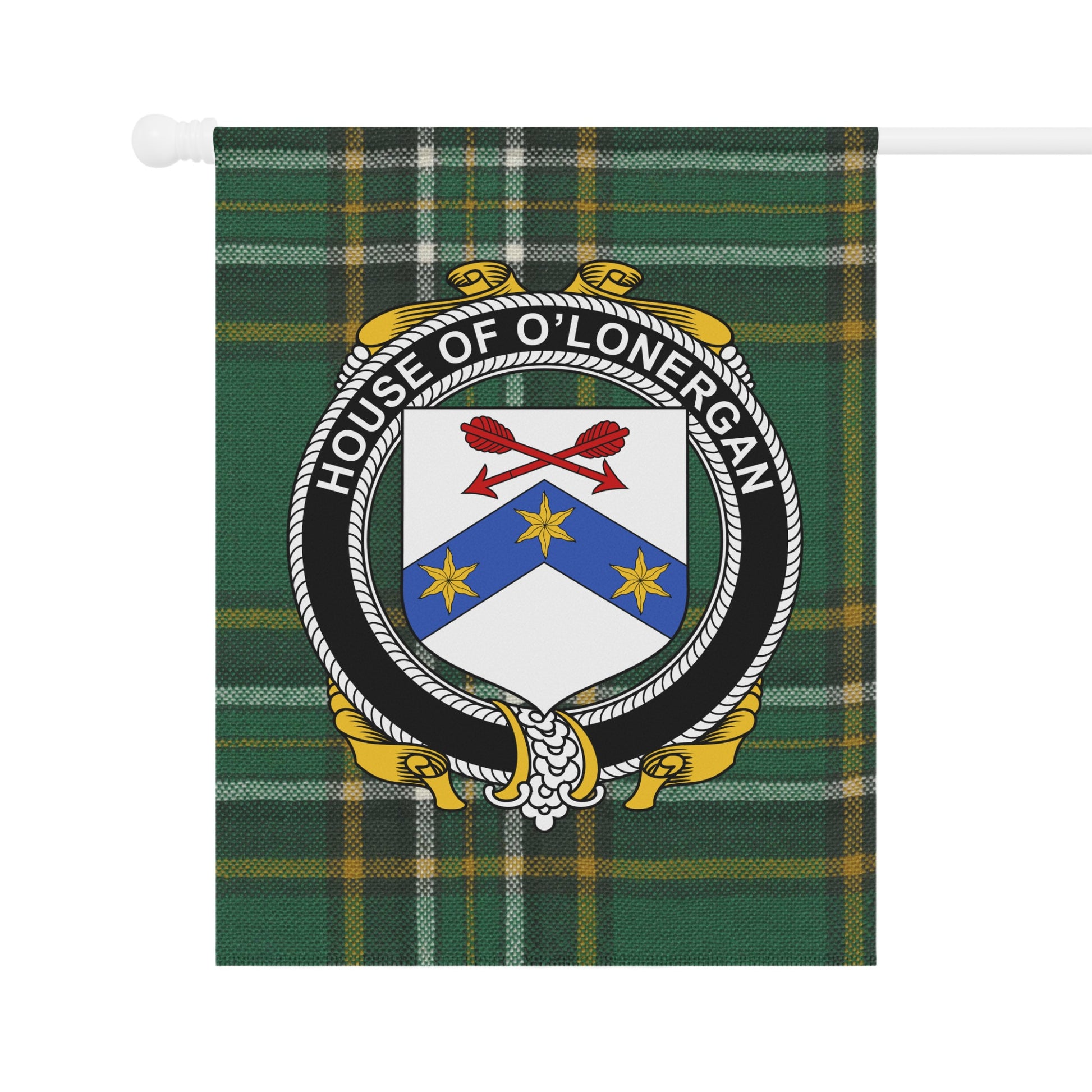 House of O'Lonerigan Crest on Plaid Background Flag