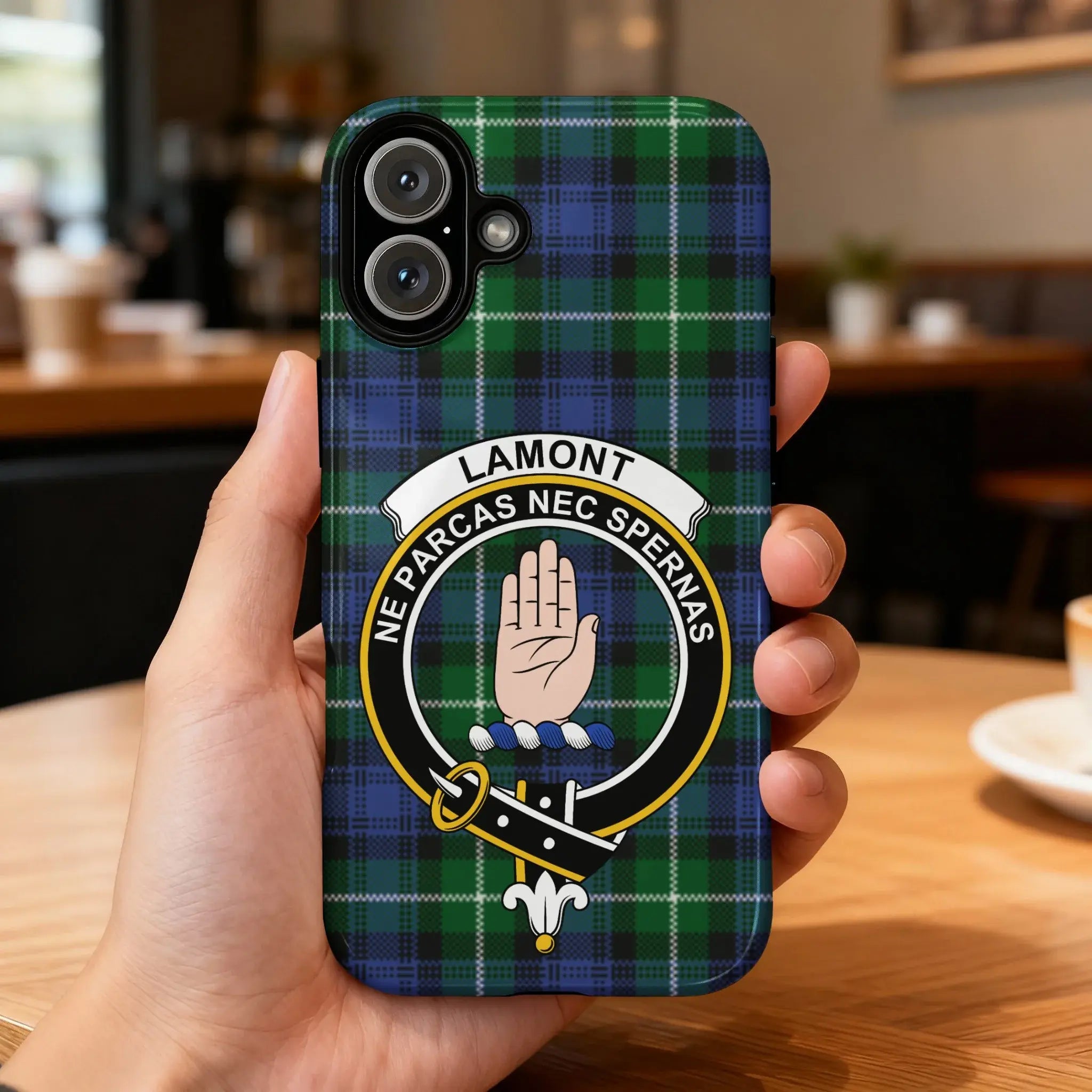 Lamont clan tartan crest phone case — full heraldic wrap on glossy impact-resistant shell