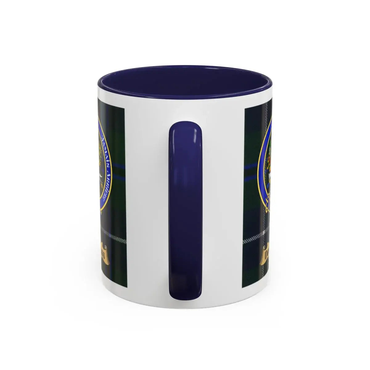 Douglass clan tartan mug 15oz with blue handle — glossy white ceramic with clan crest design