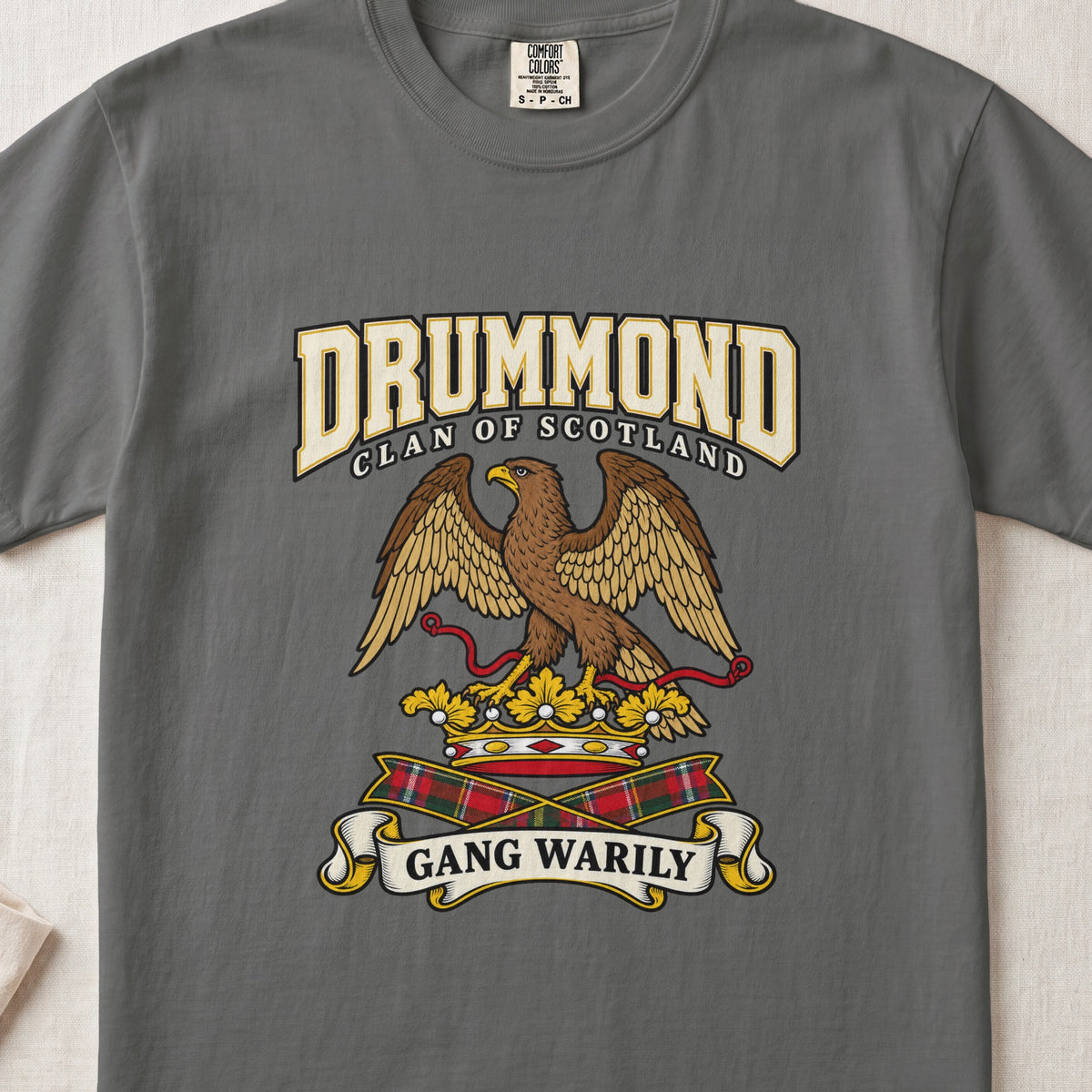 Drummond Scottish clan graphic T-shirt in Pepper, front view