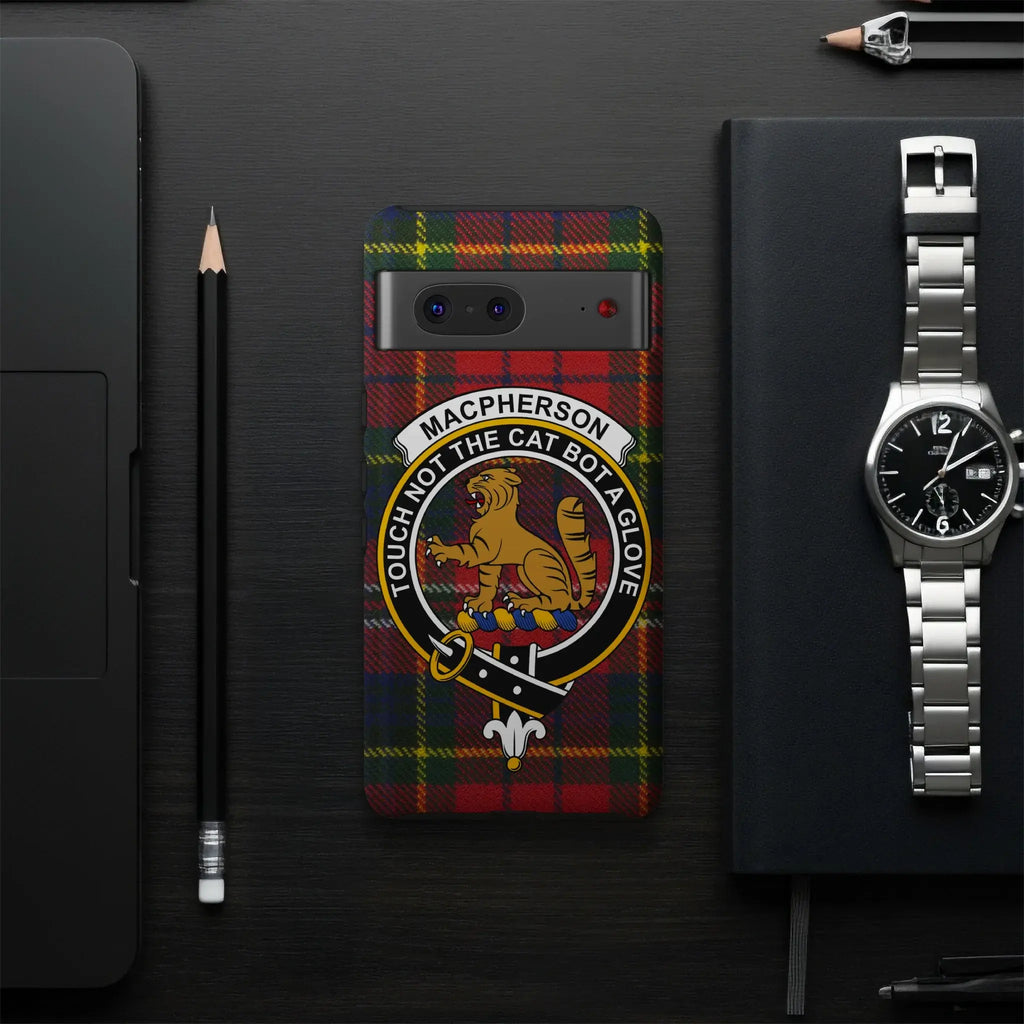 MacPherson clan crest phone case showing tartan design — glossy impact-resistant finish