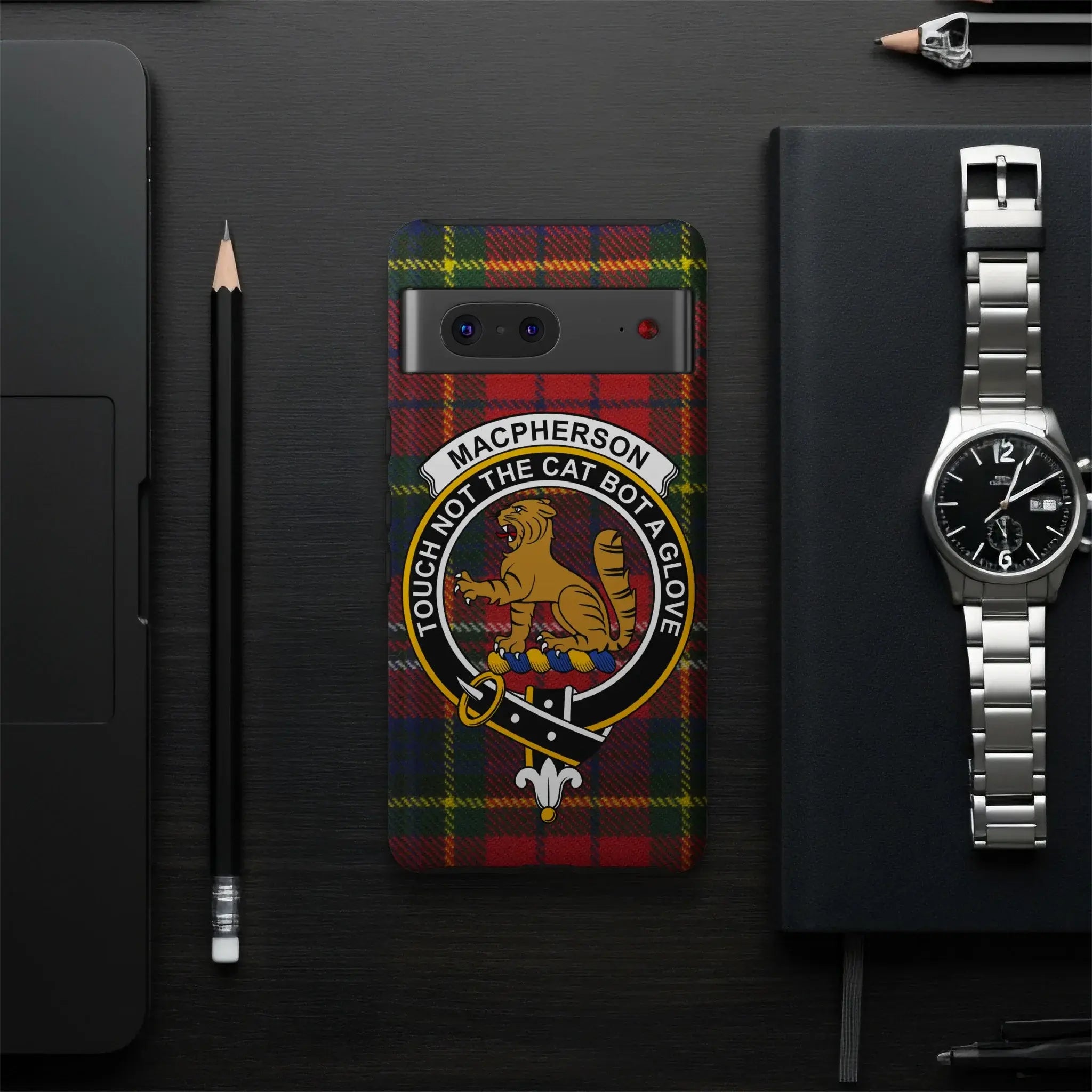 MacPherson clan crest phone case showing tartan design — glossy impact-resistant finish