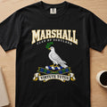 Marshall clan T-shirt in black, front view with white bird holding a green sprig