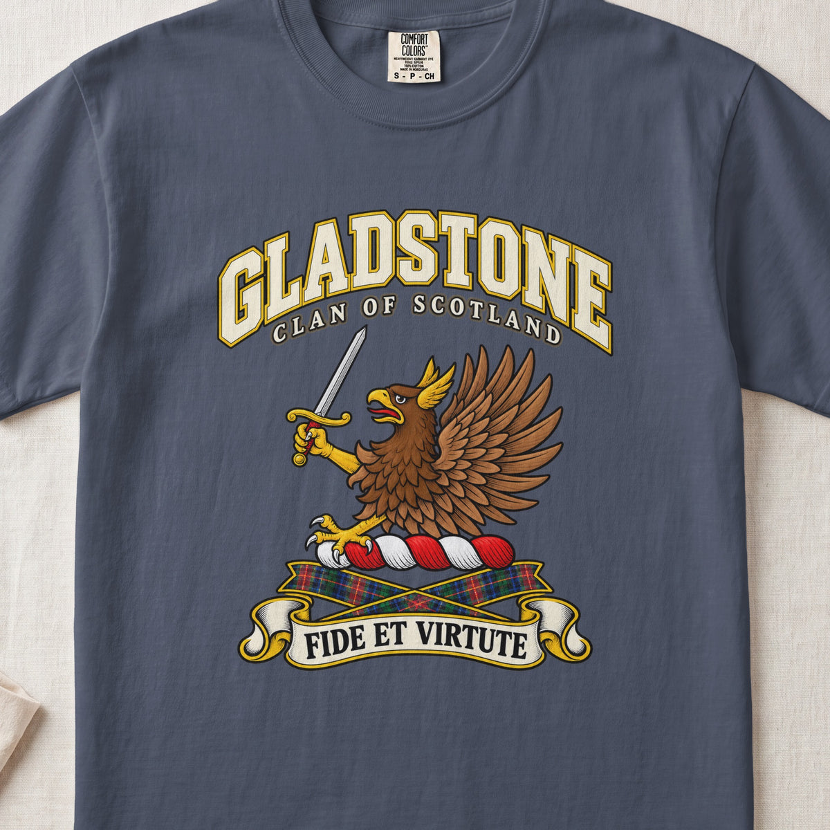 Gladstone Scottish clan T-shirt in Midnight, front view with a brown eagle holding a sword and motto design.
