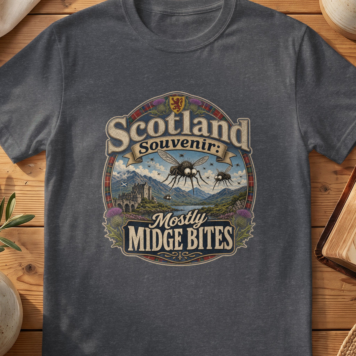 Dark grey Gildan 64000 unisex T-shirt flatlay with Mostly Midge Bites Scottish graphic design