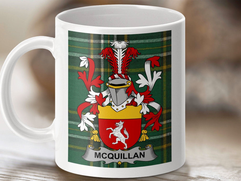 McQuillan Family Crest Irish Tartan Mug - Celtic Ancestry Gifts