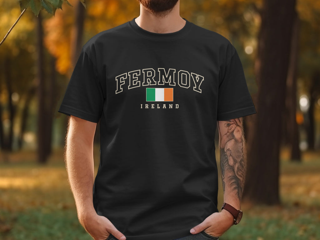 Black t-shirt with "Fermoy Ireland" and Irish flag graphic.