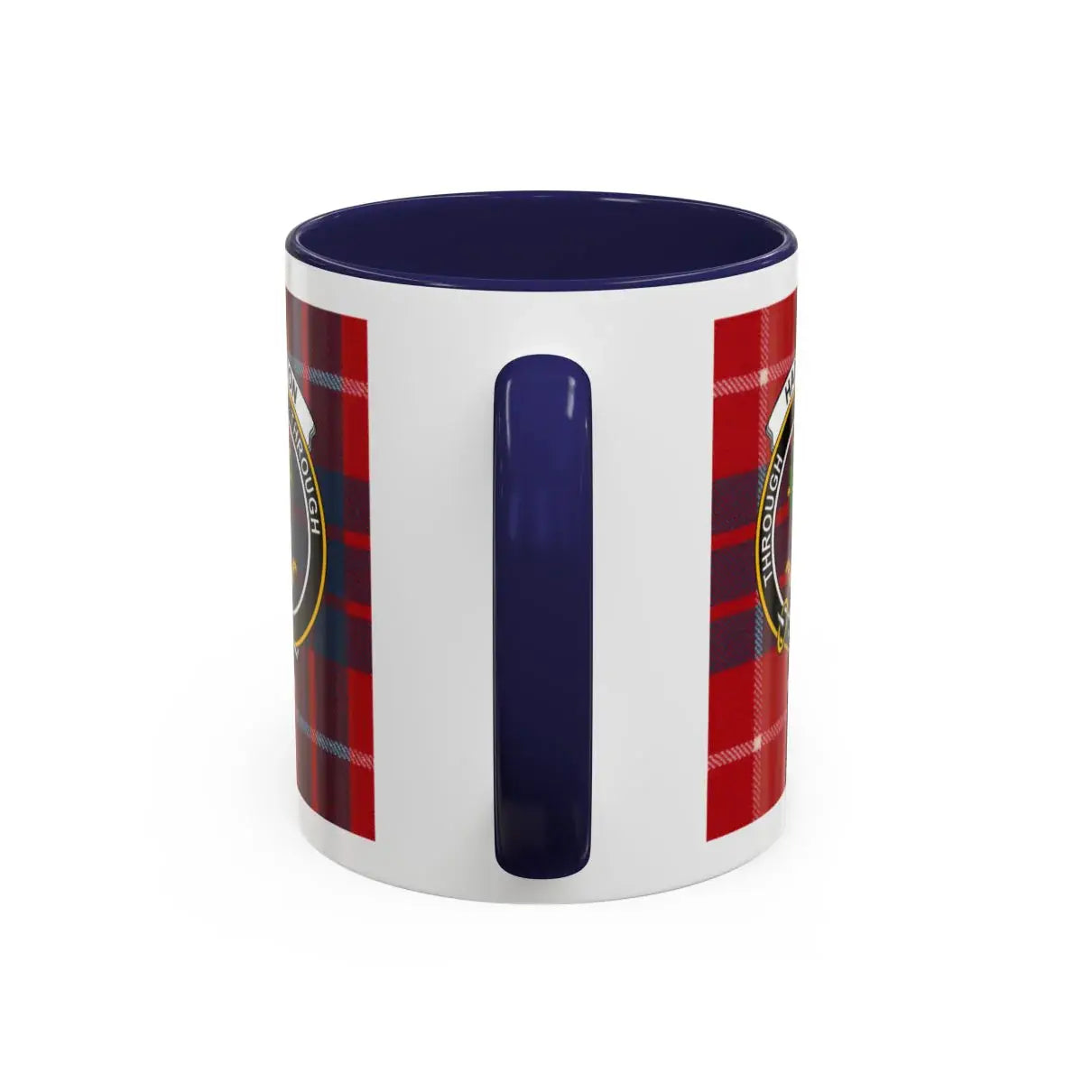 Hamilton clan tartan plaid design mug with blue handle — 11oz ceramic, Through motto