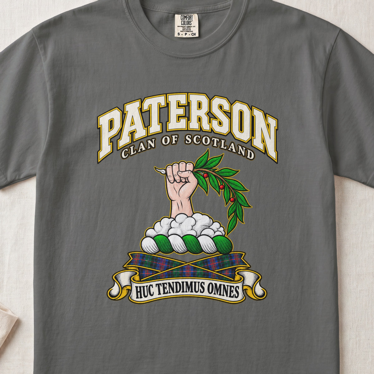 Paterson Scottish clan T-shirt in Pepper, front view with a hand emerging from clouds and holding a leafy branch and motto banner.