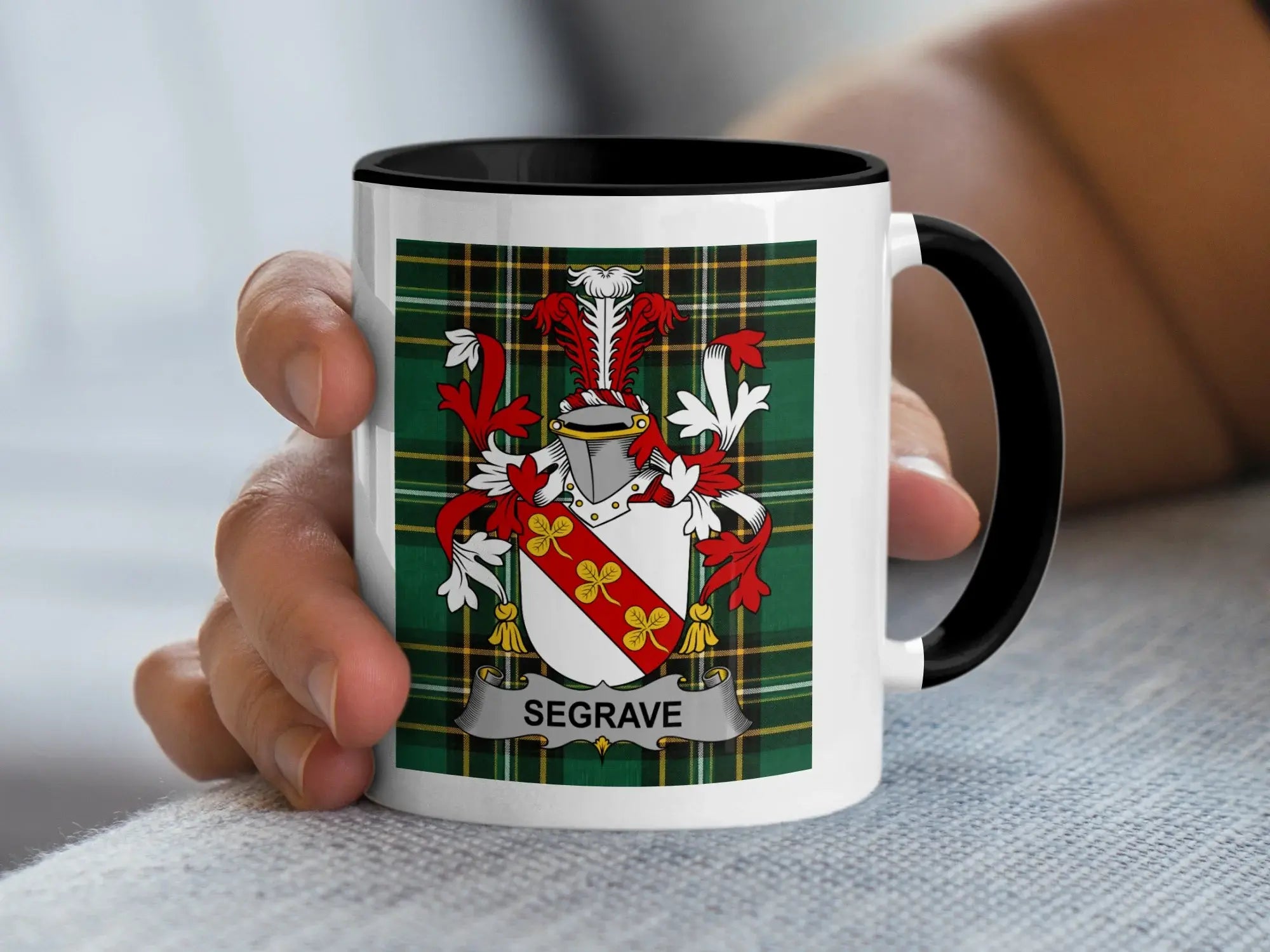 Mug with tartan pattern and the Segrave coat of arms.