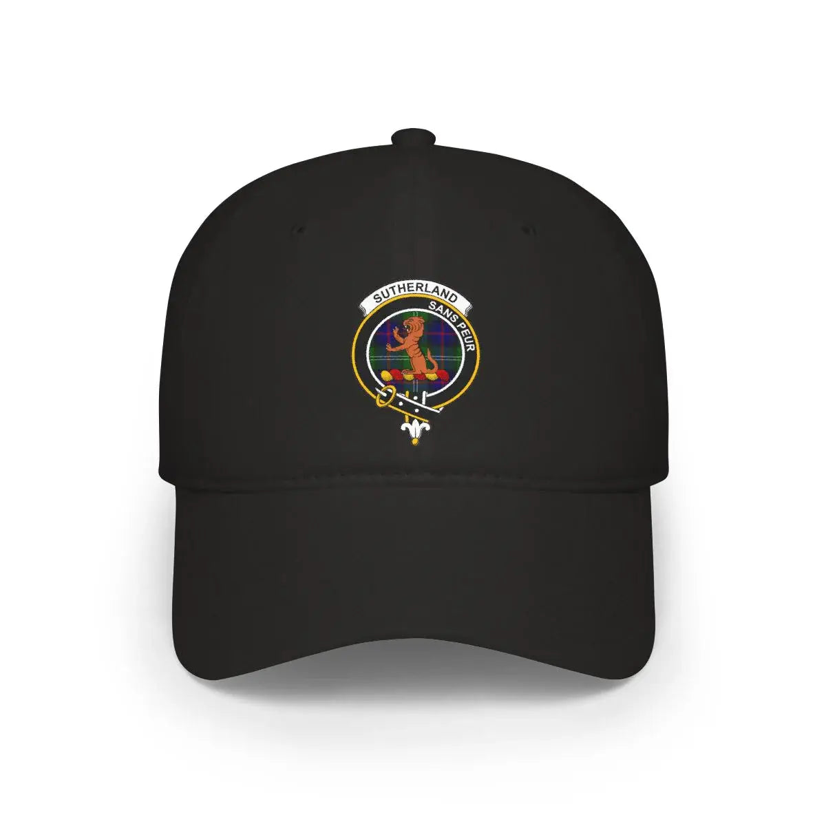 Sutherland sans peur wild cat crest printed black cap — clan emblem, front view