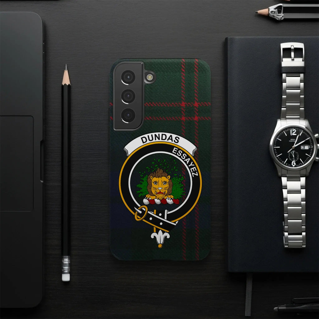 Dundas Scottish clan crest phone case — full edge-to-edge tartan wrap, Samsung model